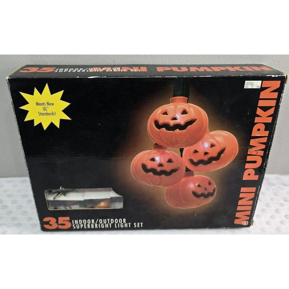 Vintage 1998 Halloween Pumpkin Light Set Open Box Working Blow Mold 35 Pumpkins